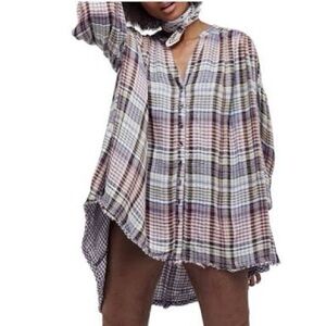 Free People Come on Over Top, Size Small, Blue Colorful, Oversized
